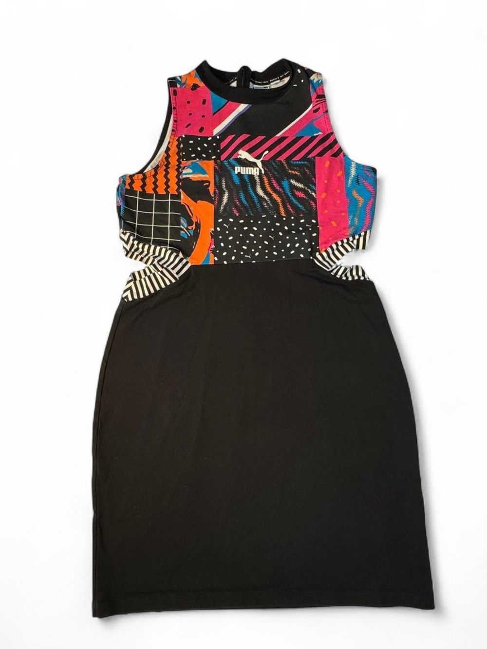 PUMA Retro 90s Multicolor Patchwork Cutout Mock Neck Dress Women's XL Y2K